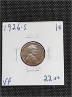 1926-S Lincoln Wheat Cent Penny Coin marked VF