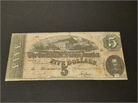 1864 $5 Confederate States of America paper money