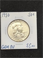 1950 Franklin Silver Half Dollar coin marked Gem