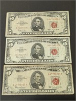 Three 1963 $5 Red Seal United States Paper money