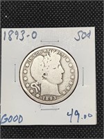 1893-O Barber Silver Half Dollar coin marked Good