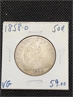 1858-O Seated Liberty Silver Half Dollar coin