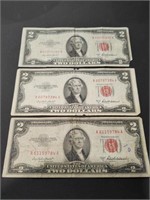 Three 1953-A $2 Red Seal United States Paper