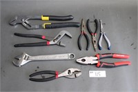 7 assorted pliers & adjustable wrench