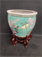 Large 13.5” Ceramic Flower Pot on Wood Stand