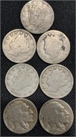(7) 5 cent coins 
(2) buffalo 
(5)  Liberty