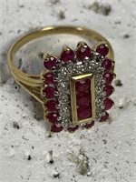 14K Yellow and White Gold Ruby Cluster Ring