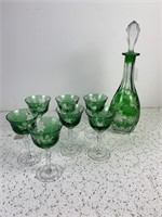 Emerald Green Cut to Clear Fruit Design Decanter