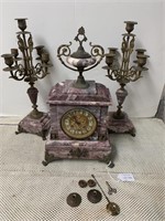 Antique Lavender Marble Clock and Garniture Set