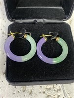 14K Gold Jade Hoop Earrings, Lavender, Green NIB
