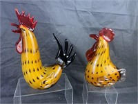 Two  Bold Art Glass Roosters, 9.5" and 8.5" h.