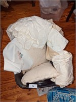 Pillows, Vintage Linens, Afghan in Tote (no Lid)