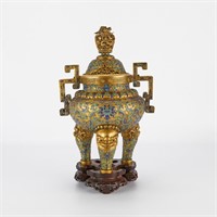 Chinese Enameled and Gilt Tripod Censer w/ Stand