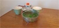 Green relish server, cups, saucer