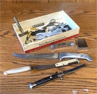 Cigar box of pocket knives, ZIPPO lighter