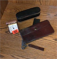 Travel clock, leather wallet, groom kit