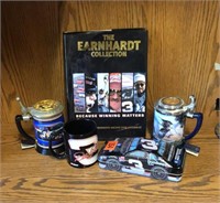 Dale Earnhardt collection, book, beer steins, tin