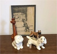Dog lot, framed sketch, dog figurines