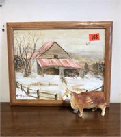 Framed farm painting, cow figurine
