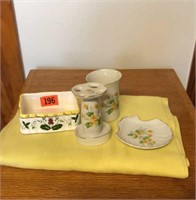 Yellow tablecloth, soap dish, glassware