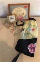 Butterfly mobile, apron, framed pictures