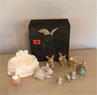 Easter decorations, bunny figurines, painted box
