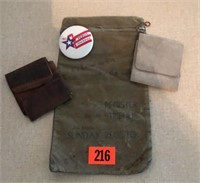Vintage newspaper bag, billfolds, political pin