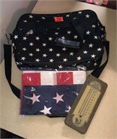 American flag, patriotic bag, thermometer