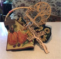 Carved wood decor, place mats, fall table runner,