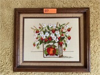 Framed strawberry basket yarn art piece