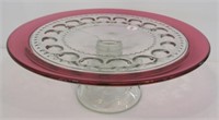 Vintage Red Flashed Rim Glass Cake Stand.