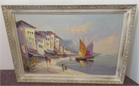 Vintage Original Oil on Canvas Ocean Front Scene.