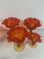 7 Pieces of Orange Hobnail Glass, Compotes