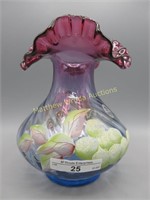 Fenton 6.5" Rubina hand painted ruffled vase w/