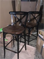 X-Back Bronze Metal Wooden Seat Bar Stool Set
