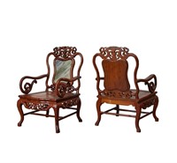 Pr Chinese Anglo Export Armchairs w/ Marble Inset