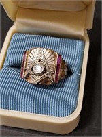 Men's Masonic Diamond & Ruby 10k Gold Ring