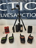walkie talkies  binoculars and a tripod