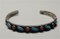 Sterling Turquoise and Coral Cuff Bracelet