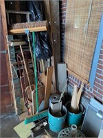 Lot includes sled, push brooms, scaffolding,
