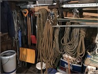 Large lot of ropes, harnesses, some snow shovels,