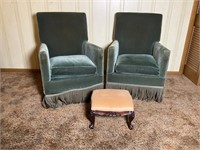 Pair of green velvet parlor chairs and footstool