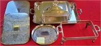 M - LOT OF METAL TRAYS, CHAFING DISH & DISH STAND