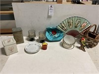 Assorted dishes, Candles, Japanese Purse & Fan,