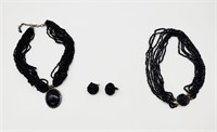 Two Black Beaded Necklaces & Pair Clip Earrings