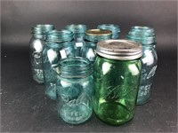 9 Blue Glass Mason Jars