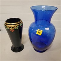 Cobalt Blue Vase & Handpainted Onyx Glass Vase