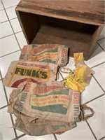 Wooden Crate, Feed Sacks and tags Dekalb, Funk’s