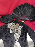 Mourning bodice, feather fan, hat