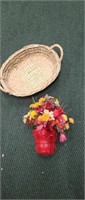 Woven basket and decorative faux flower wall